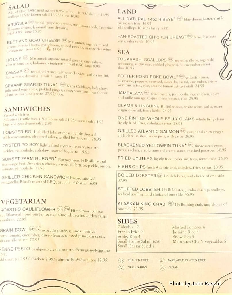 Matunuck Oyster Bar menu card